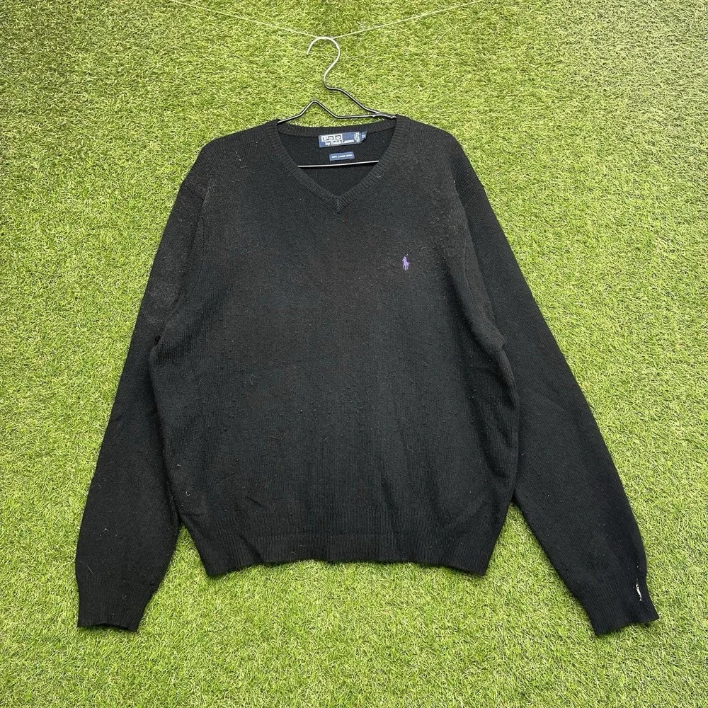 Polo Ralph Lauren Sweater Mens XL V-Neck Lambs Wool Black Extra Large Dress